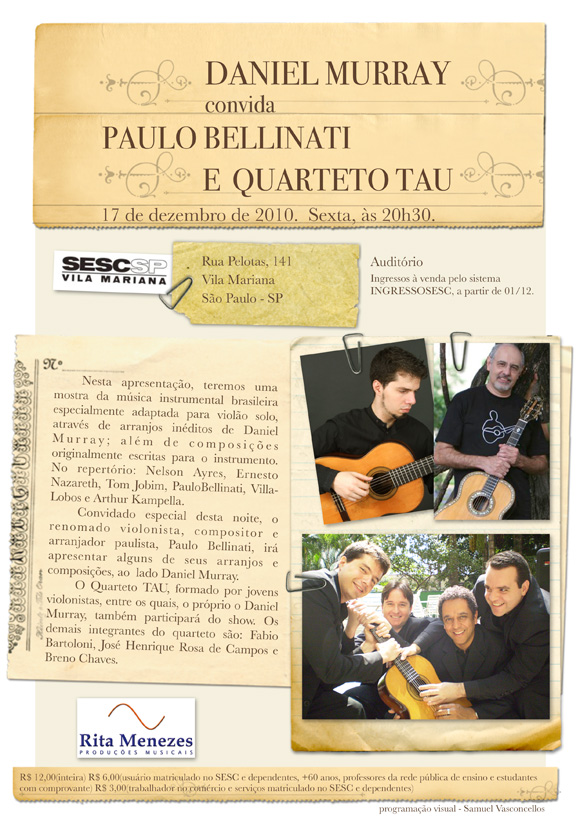 Daniel Murray convida Paulo Bellinati e Quarteto TAU no SESC Vila Mariana
