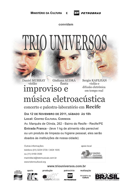 Trio Universos dia 12 de Novembro em Recife no Centro Cultural Correios