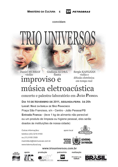 Trio Universos dia 14 de novembro em João Pessoa na nave da Igreja de São Francisco